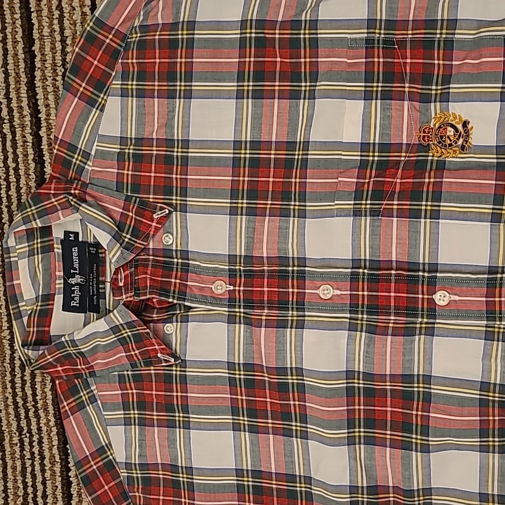 RALPH LAUREN Crest Red White USA Plaid Cotton M Mens Long Sleeve‎ Shirt 90s RARE